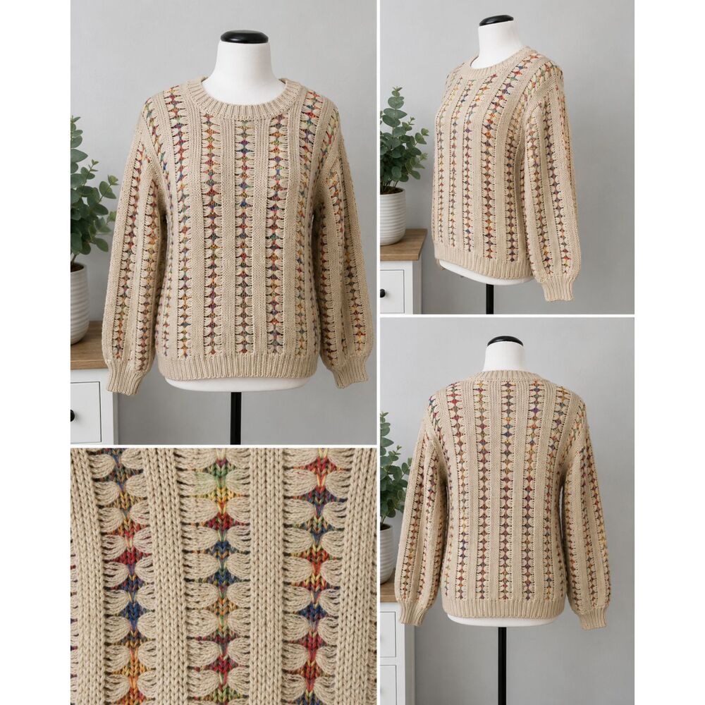 Nina Leonard XS Beige Rainbow Knit Crewneck Chunky Pullover Sweater Boho Cozy